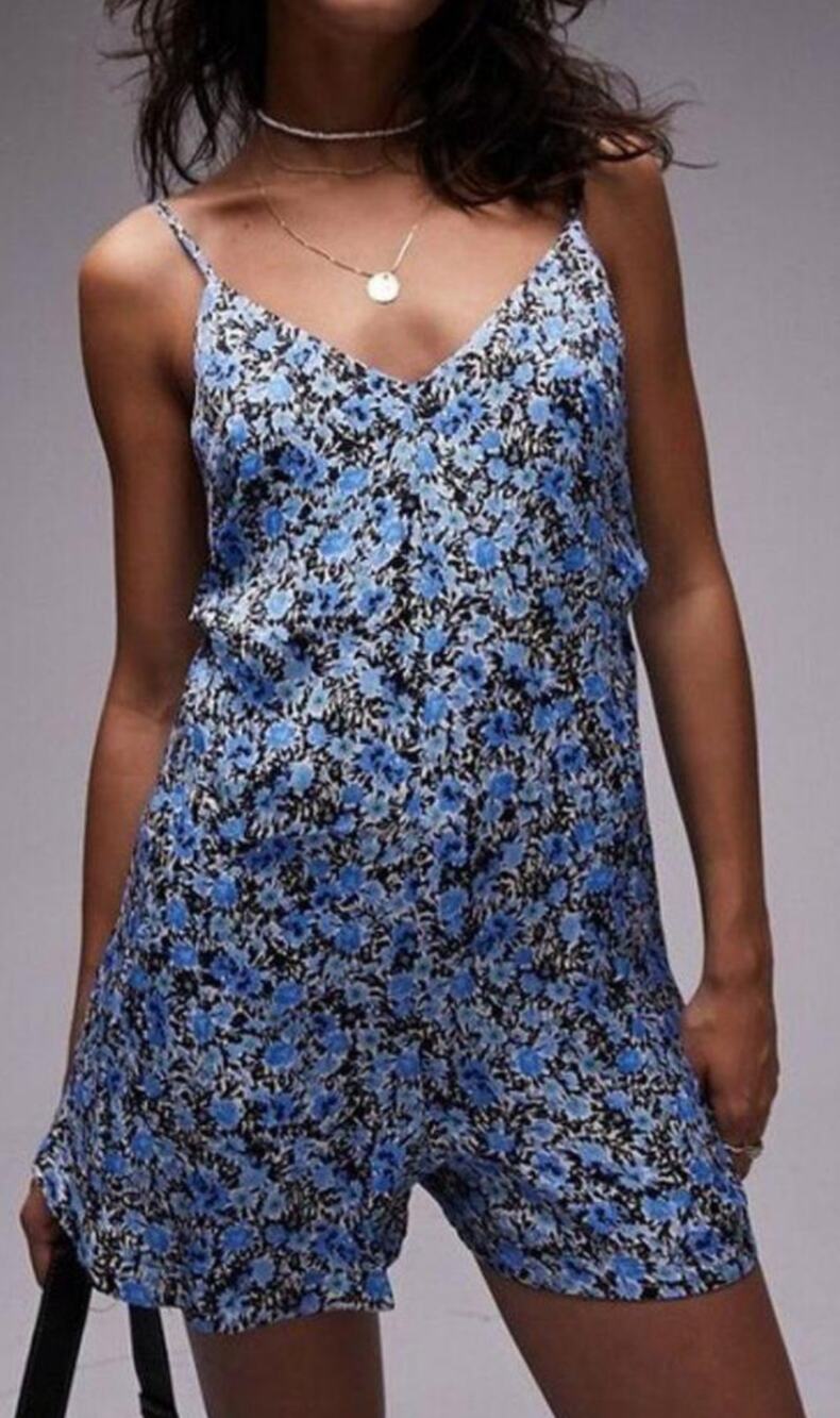 Topshop Women's Blue Grunge Floral Satin Sleeveless Romper 10 NWT